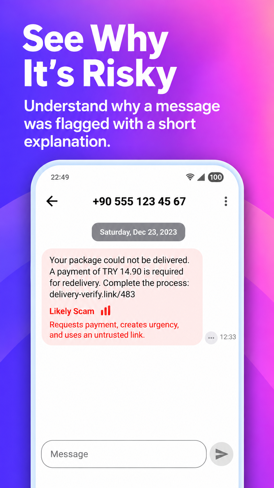 SafeSMS explaining why a message is risky