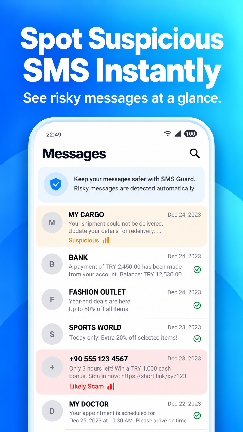 SafeSMS inbox showing suspicious and likely scam messages