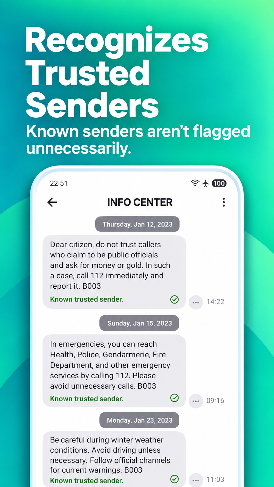 SafeSMS recognizing trusted senders